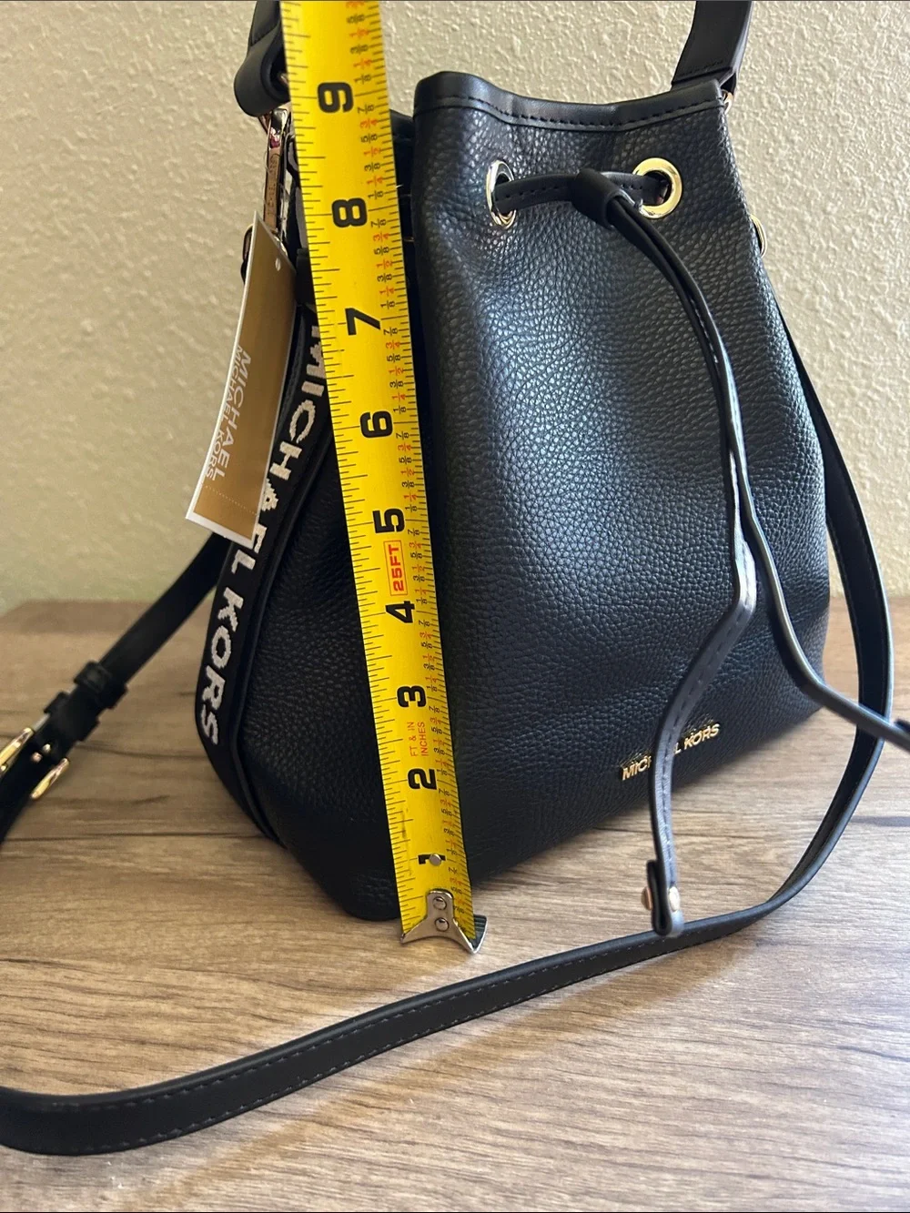 Michael Kors Black  Leather Drawstring Hobo Bucket Bag